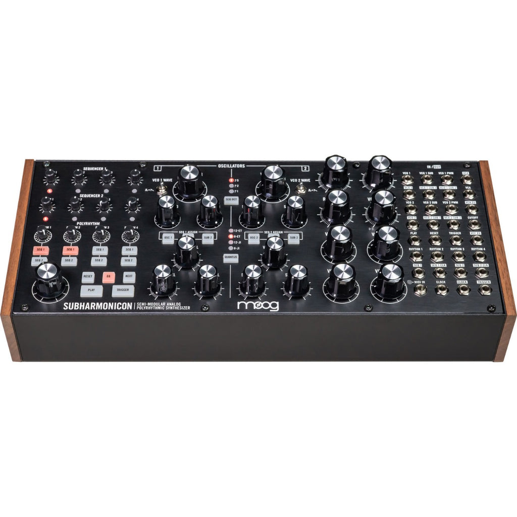 Moog Subharmonicon synthesizer with black knobs and patch cables, showing its front panel and control layout.