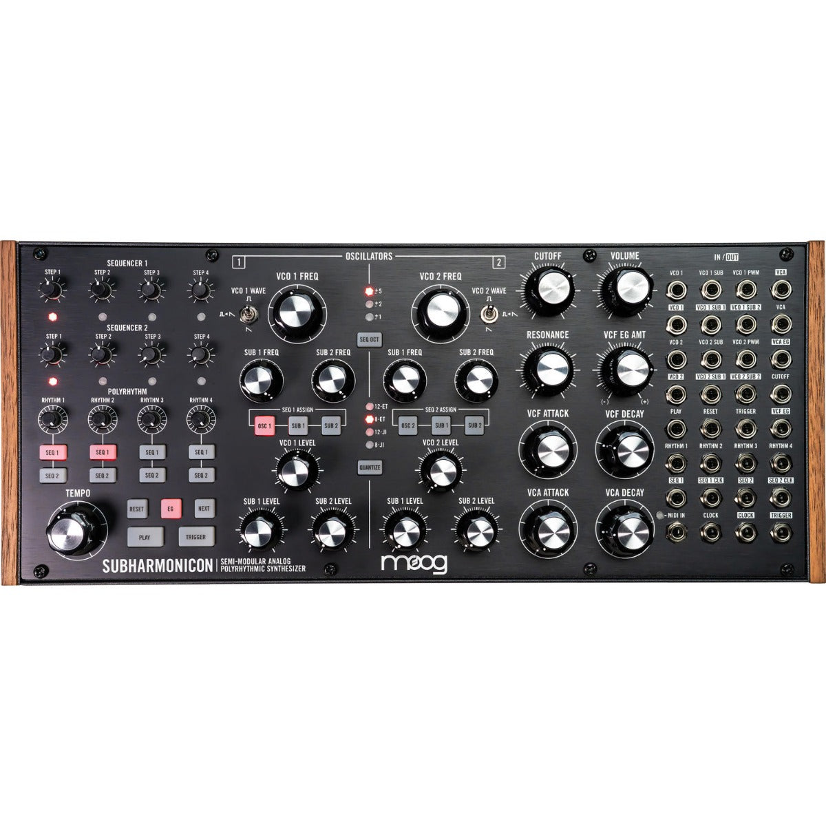 Moog Subharmonicon synthesizer with control knobs and patch points, featuring a sleek black and gold design.