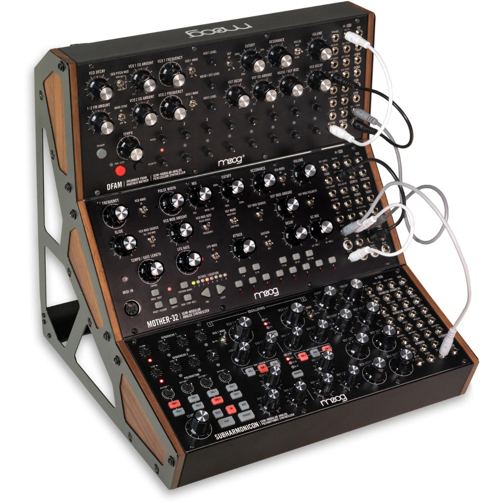 Moog Subharmonicon synthesizer with multiple knobs and patch points, showcasing its vintage-style control panel and black finish.