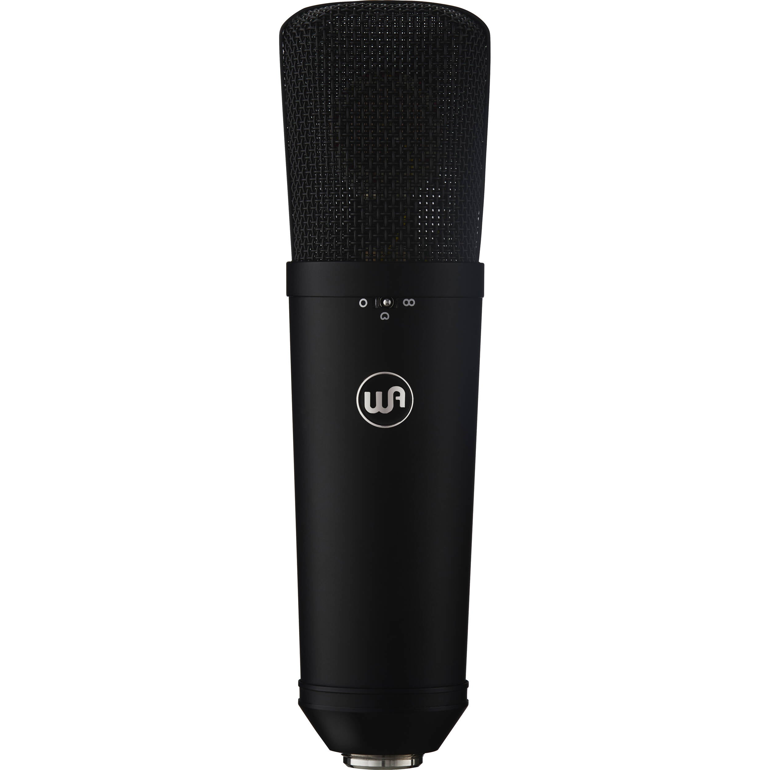 Warm Audio WA-87 R2 condenser microphone shown from front, featuring classic design and professional audio recording capabilities.