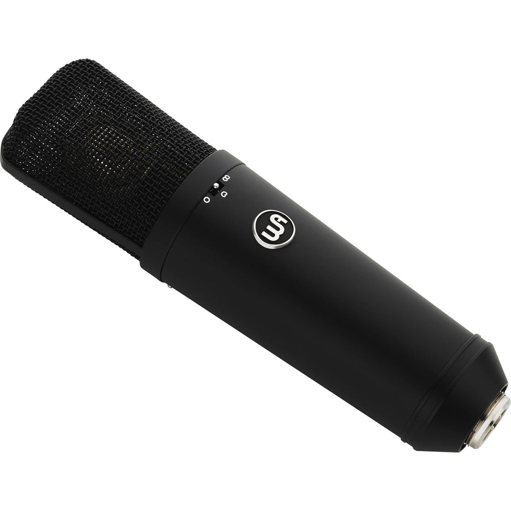 Warm Audio WA-87 R2 condenser microphone shown with metal body and vintage-style grille, ideal for studio recording.