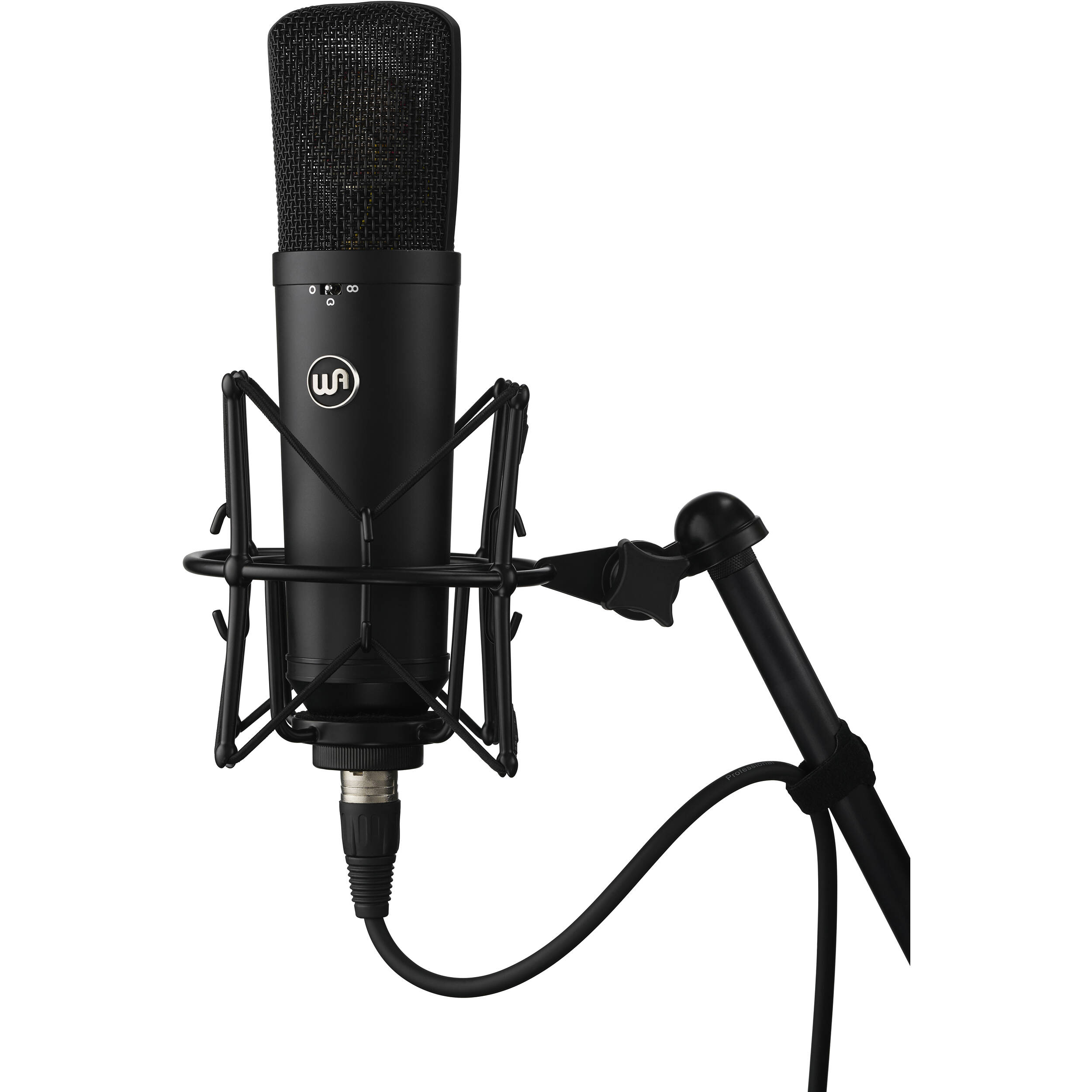Warm Audio WA-87 R2 condenser microphone shown with metal body and vintage-style grille, ideal for studio recording.