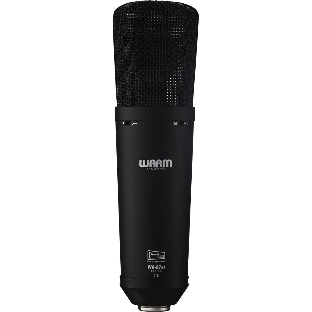 Warm Audio WA-87 R2 condenser microphone with vintage-style grille and attached shock mount on a stand.