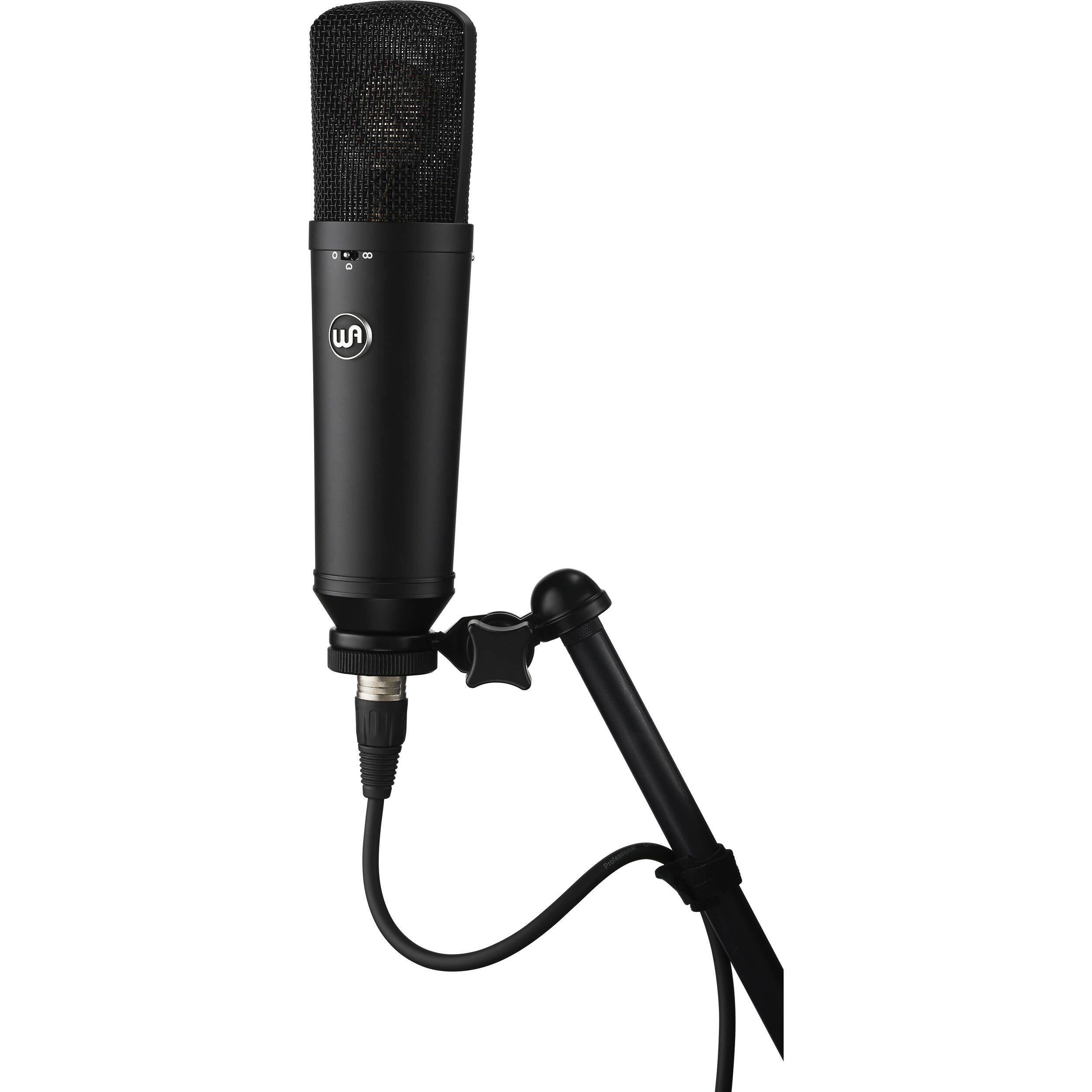 Warm Audio WA-87 R2 condenser microphone shown with metal body, grille, and control switches, ideal for studio recording.