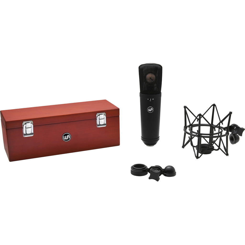Warm Audio WA-87 R2 condenser microphone shown with its sleek black finish and vintage-inspired design for studio recording.