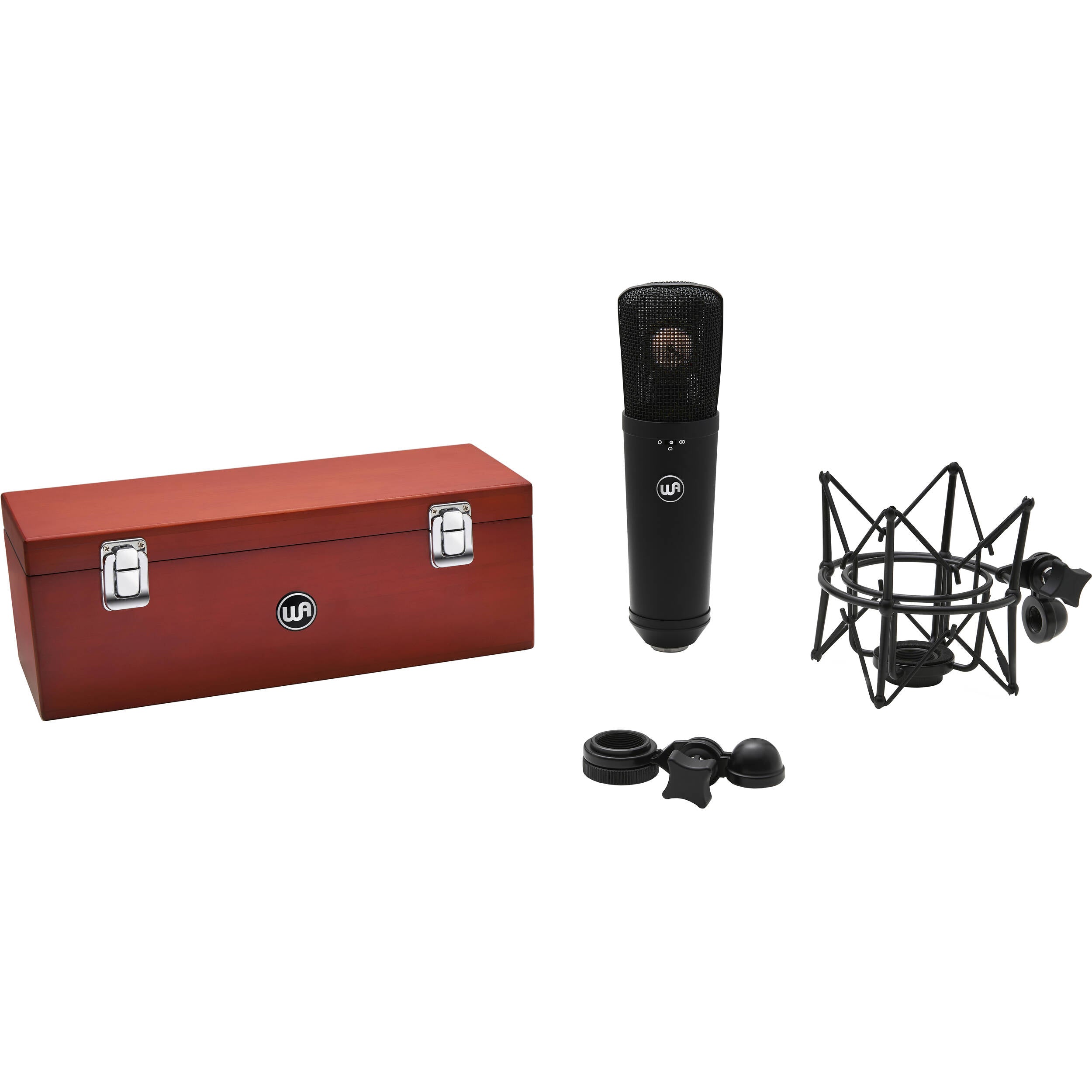 Warm Audio WA-87 R2 condenser microphone shown with its sleek black finish and vintage-inspired design for studio recording.