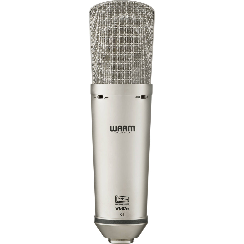 Warm Audio WA-87 R2 condenser microphone shown with metal body and grille, ideal for studio vocals and instrument recording.