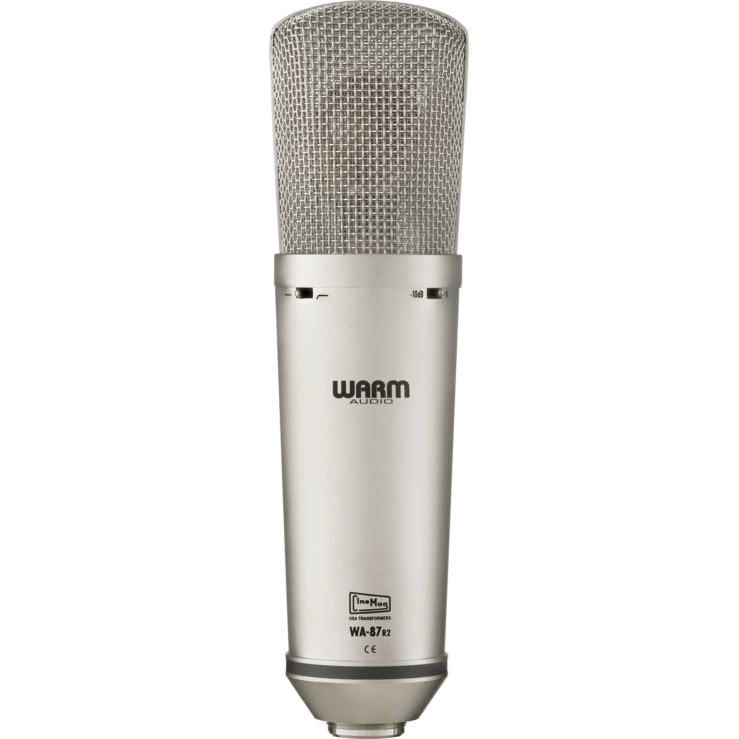 Warm Audio WA-87 R2 condenser microphone shown with metal body and grille, ideal for studio vocals and instrument recording.