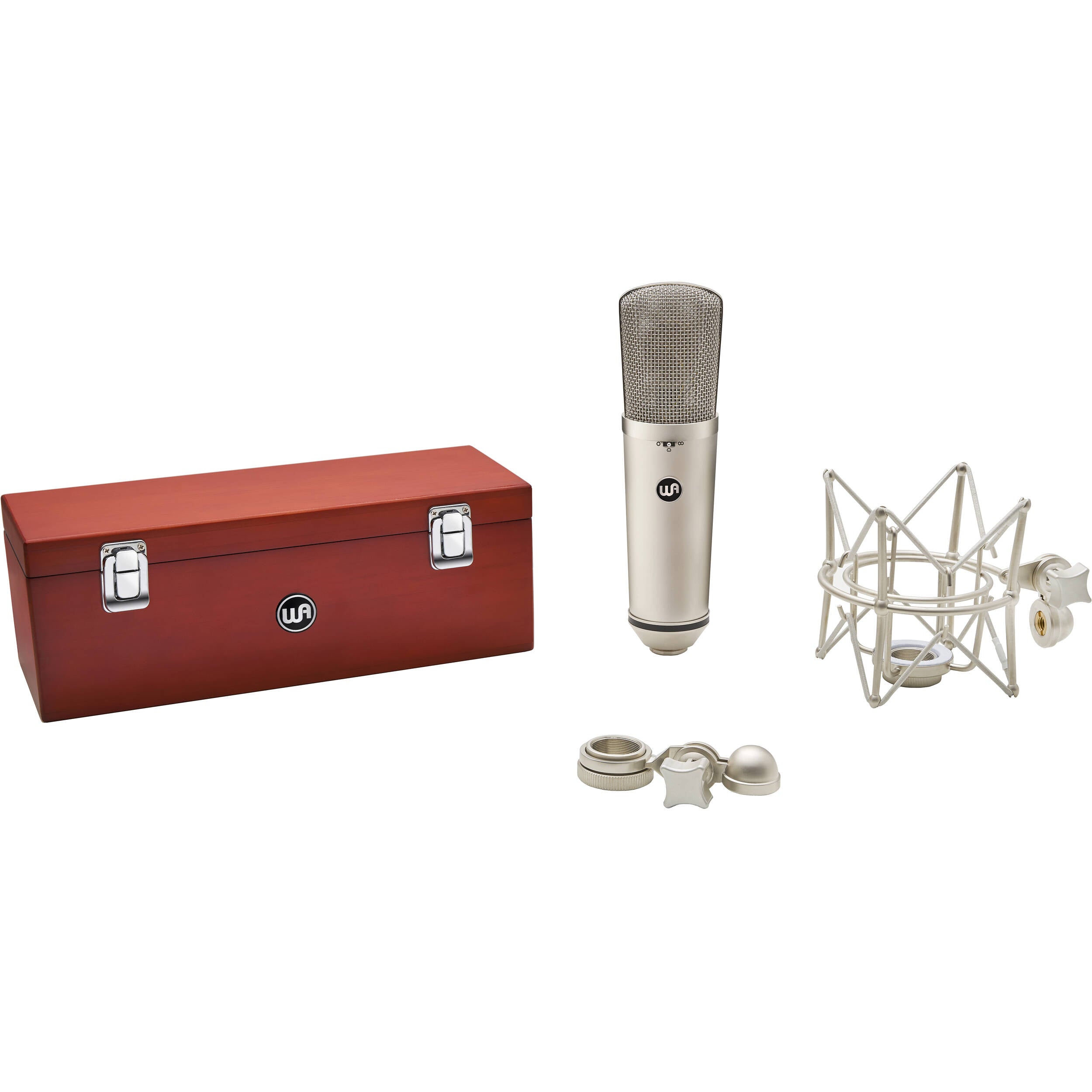 Warm Audio WA-87 R2 condenser microphone with a silver finish, equipped with a shock mount and mesh grille.