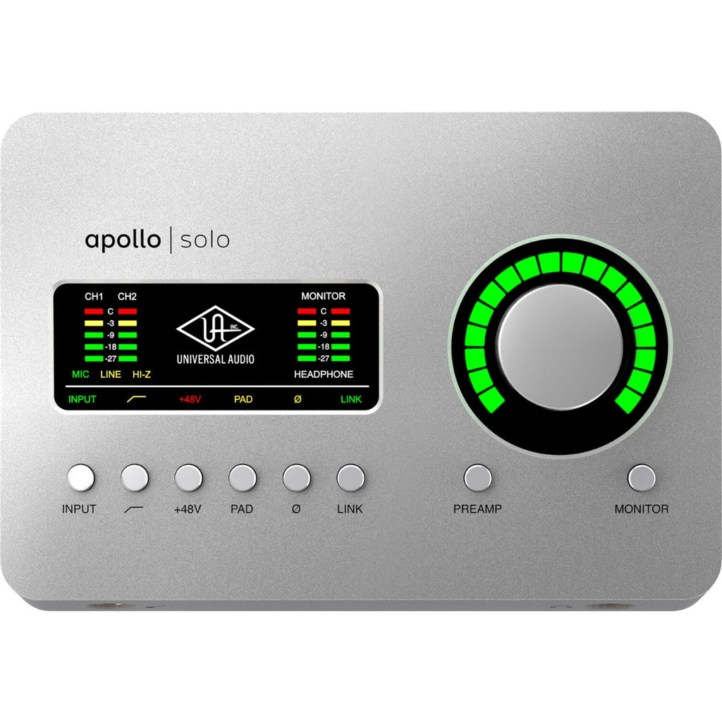 Universal Audio Apollo Solo USB audio interface in Heritage Edition with sleek design and connectivity ports visible.
