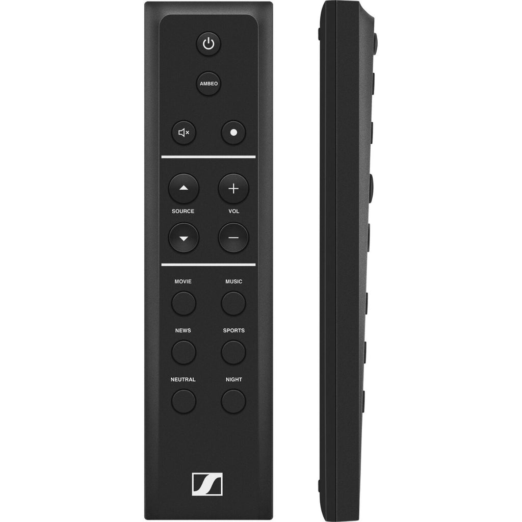 Sennheiser Ambeo Soundbar Max displaying sleek black design with multiple speaker grilles and control buttons on top.