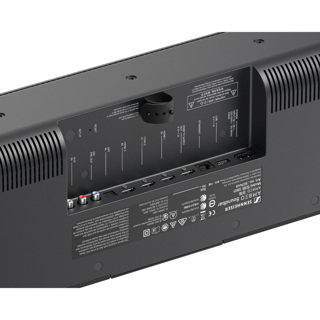Sennheiser Ambeo Soundbar Max with sleek black design, featuring multiple speaker drivers and control buttons on top.