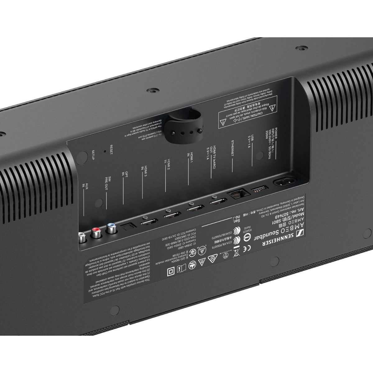 Sennheiser Ambeo Soundbar Max with sleek black design, featuring multiple speaker drivers and control buttons on top.