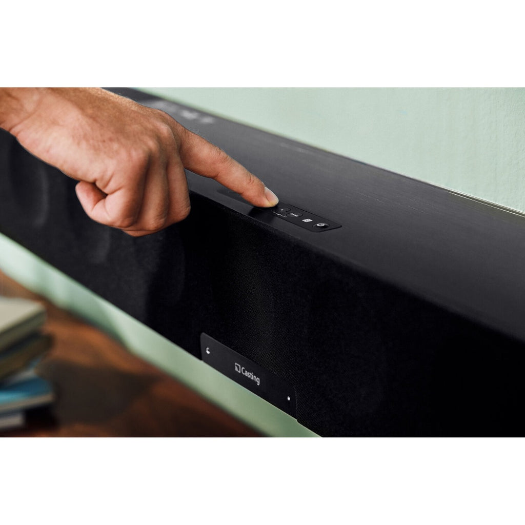 Sennheiser Ambeo Soundbar Max with sleek black design, featuring multiple speaker drivers for immersive TV audio.