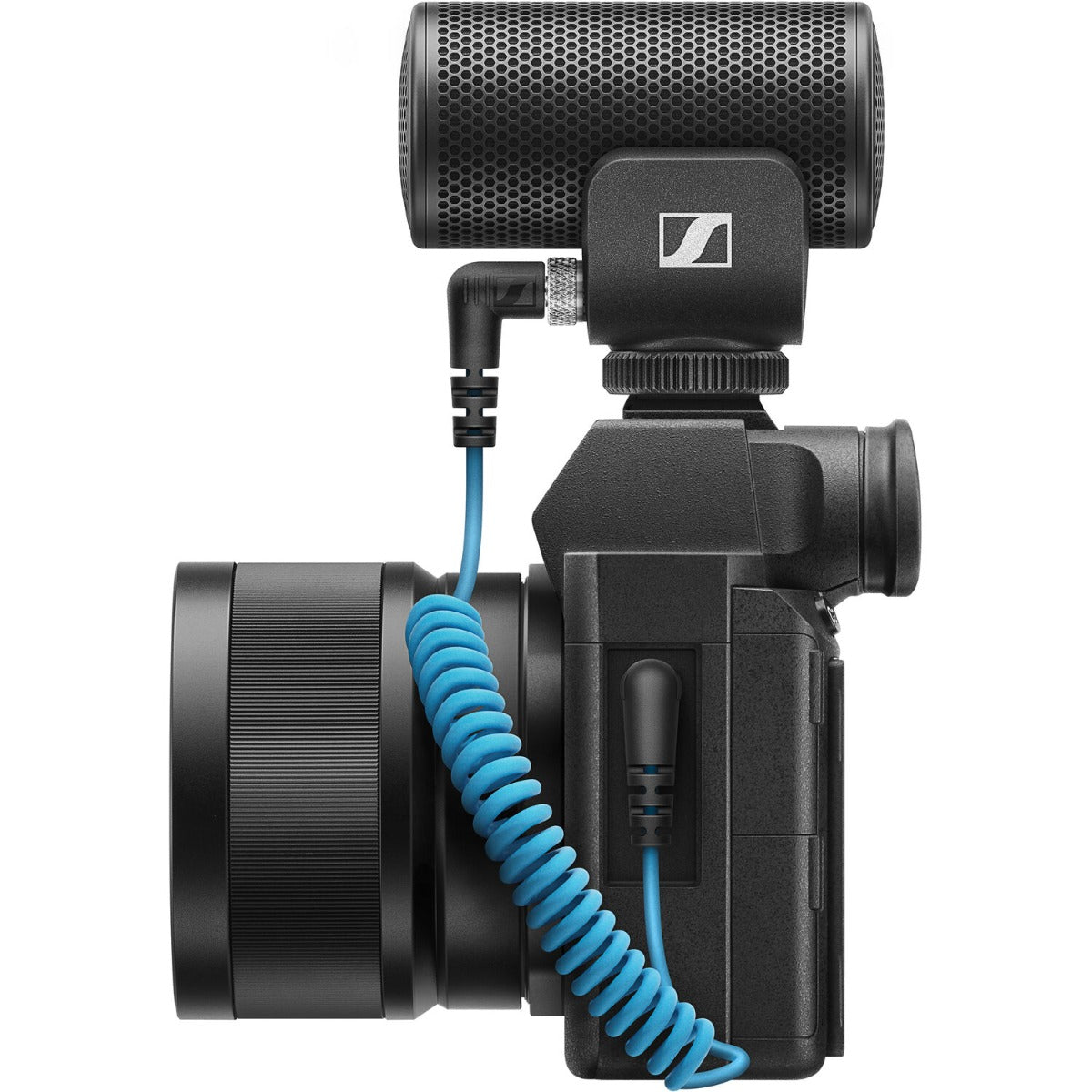 Sennheiser MKE 200 camera microphone mounted on a camera, designed for clear audio recording in video production.