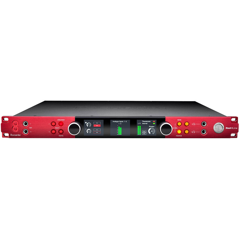 Focusrite Red 8Line audio interface with multiple input/output ports and sleek red design for professional recording setups.