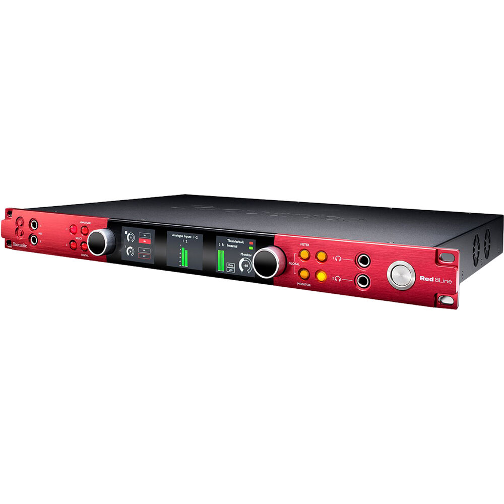 Focusrite Red 8Line audio interface with multiple input and output ports, professional-grade recording equipment.