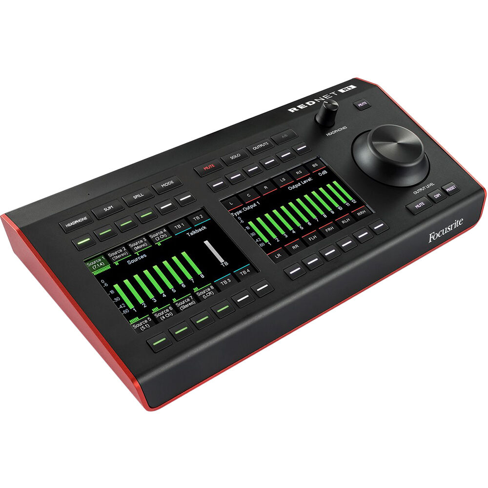 Focusrite RedNet R1 studio monitor controller with display and control knobs for professional audio monitoring setup.
