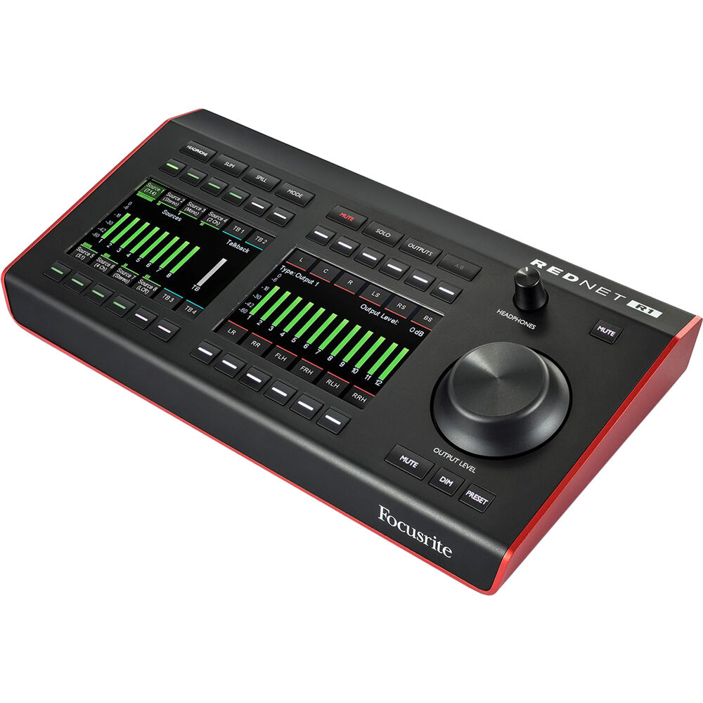 Focusrite RedNet R1 studio monitor controller with multiple input and output ports, sleek black design, and control knobs.