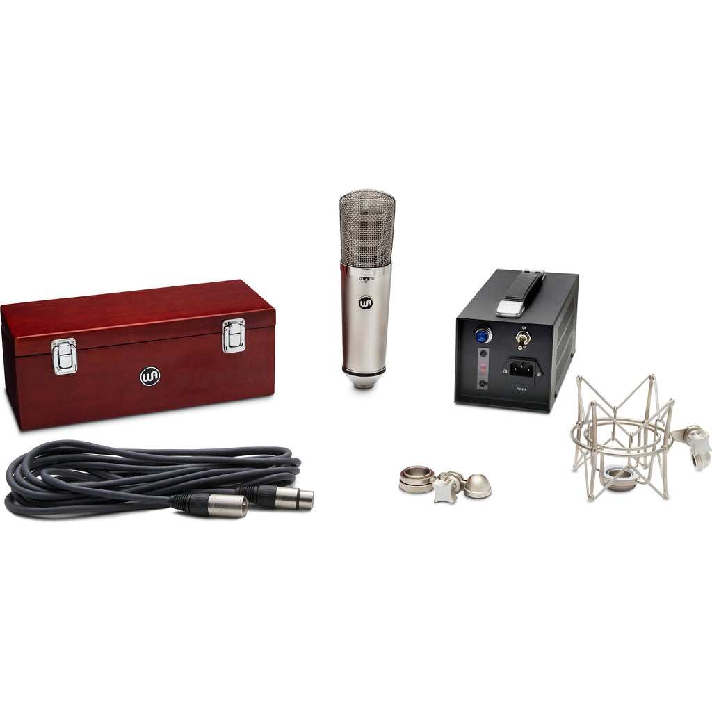 Warm Audio WA-67 condenser microphone shown on a stand, featuring vintage design and large diaphragm for studio recording.