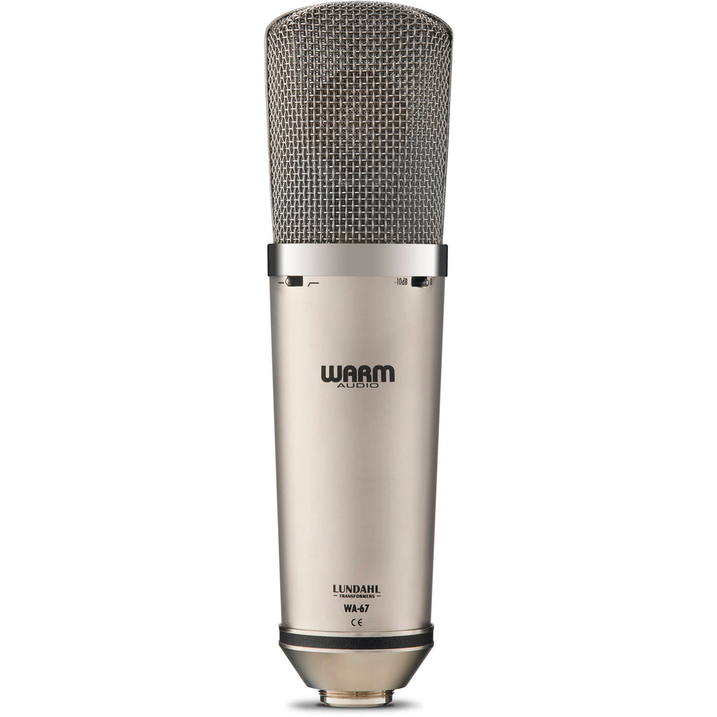 Warm Audio WA-67 condenser microphone displayed on a stand, showcasing its vintage-inspired design and professional audio equipment features.