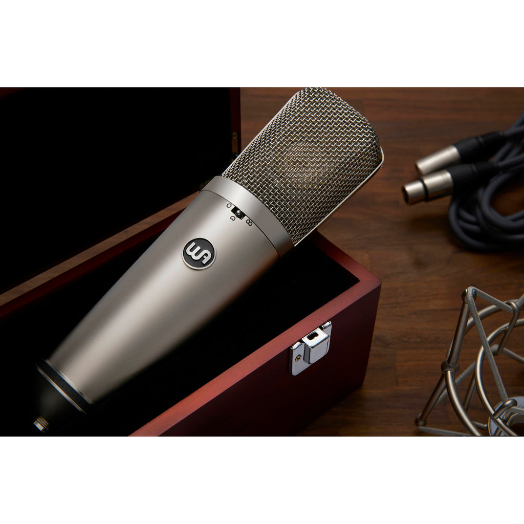 Warm Audio WA-67 condenser microphone with vintage design, featuring a large diaphragm and gold finish for studio recording.
