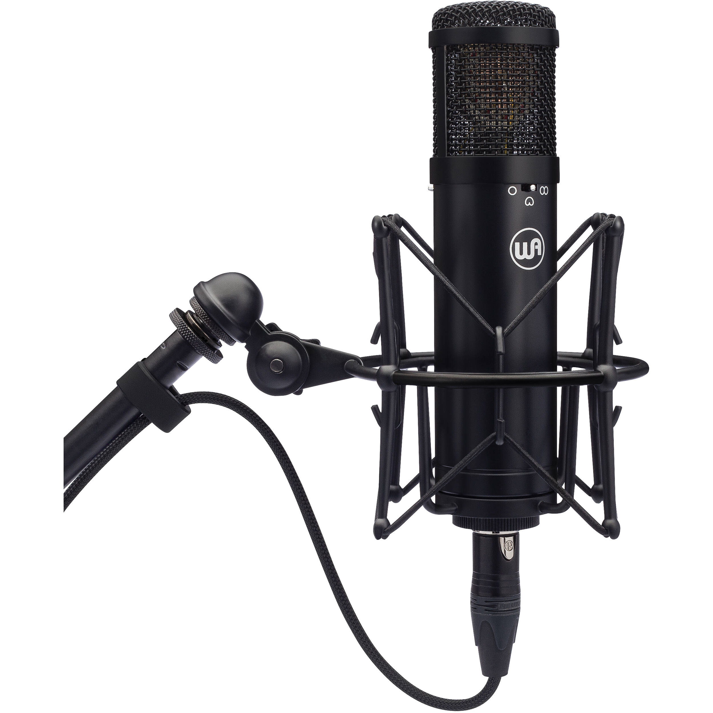 Warm Audio WA-47jr condenser microphone with vintage-style metal body and detachable shock mount for studio recording.