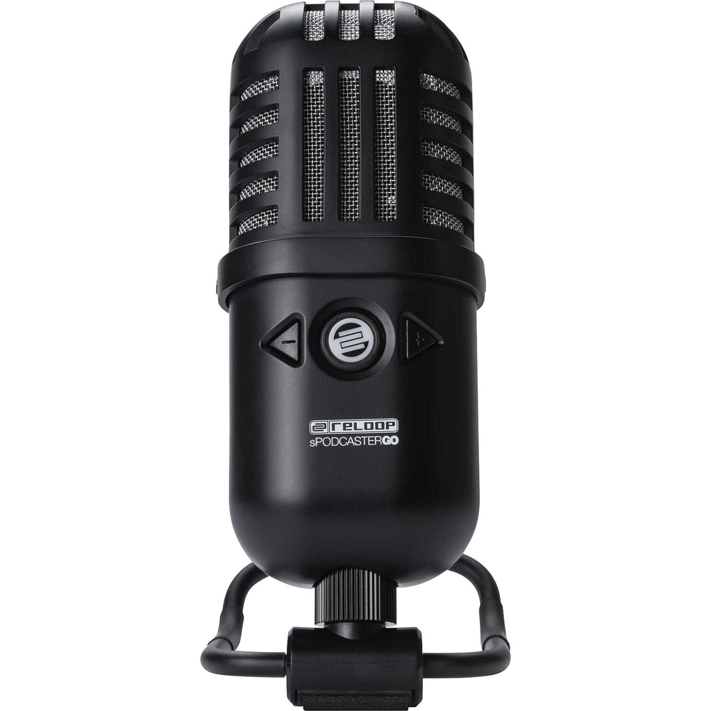Reloop sPodcaster Go USB microphone with compact design, integrated controls, and adjustable stand for podcasting and streaming.