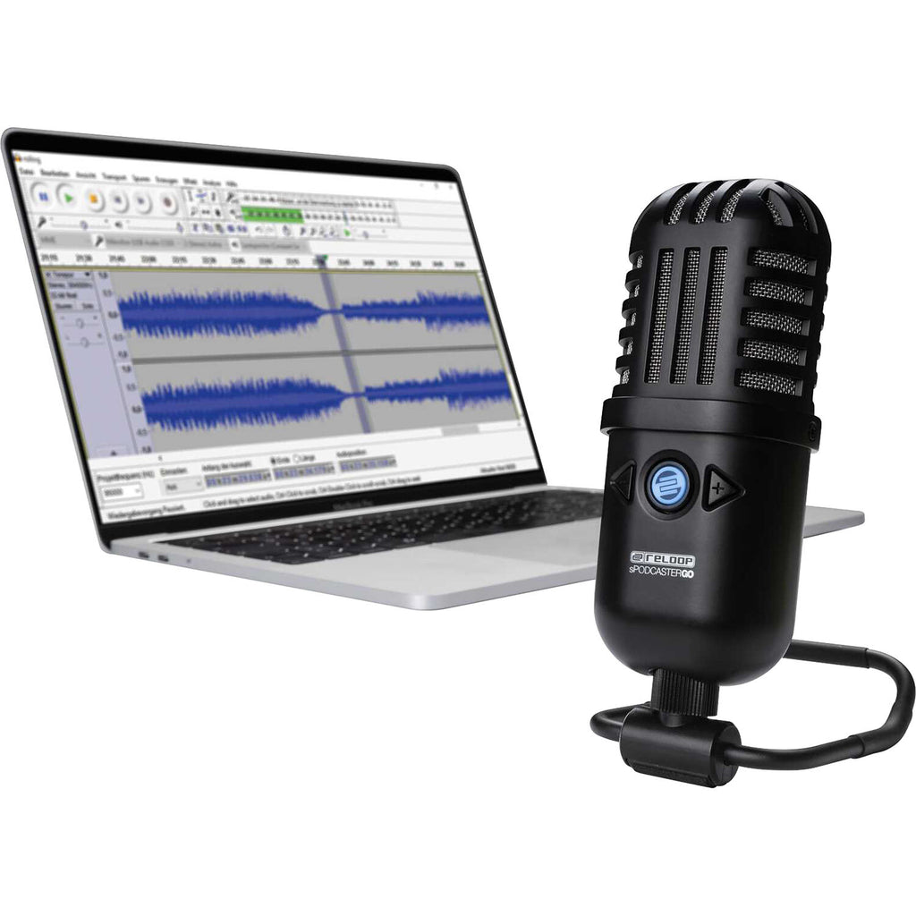 Reloop sPodcaster Go USB microphone with built-in stand and compact design for high-quality podcast recording.