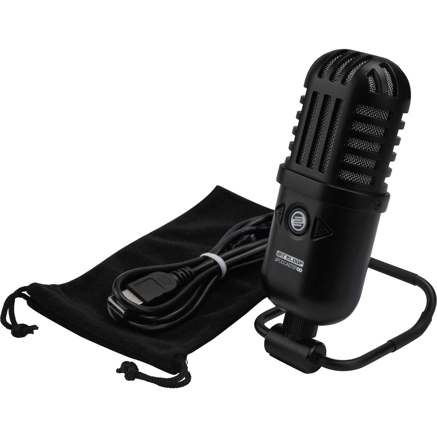 Reloop sPodcaster Go USB microphone with built-in stand and control knobs for podcasting and streaming.