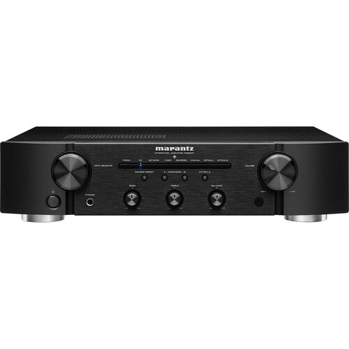 Marantz PM6007 stereo amplifier with black metal case, control knobs, and input ports on front panel.