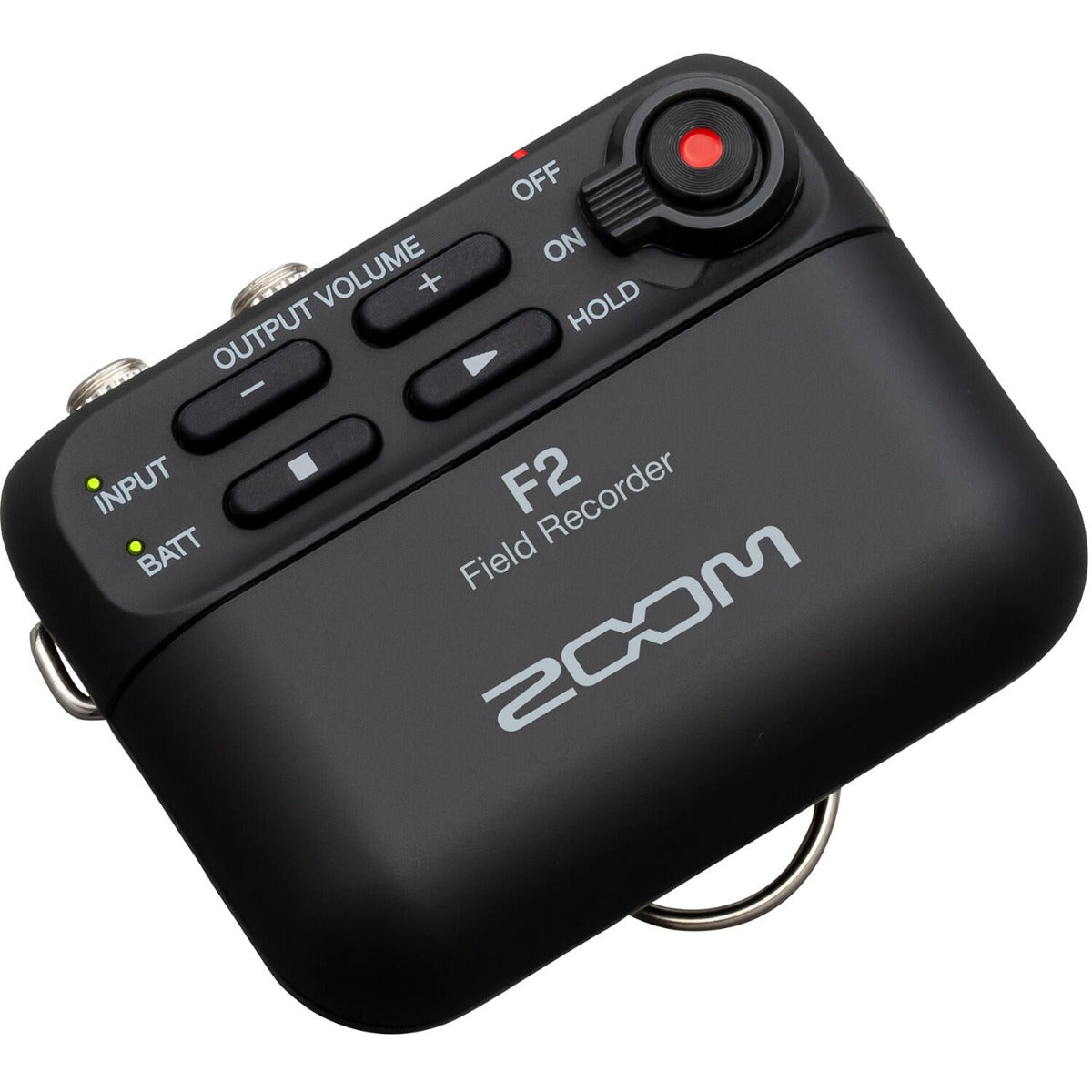Zoom F2 digital recorder with compact design, featuring multiple input options and professional audio recording capabilities.