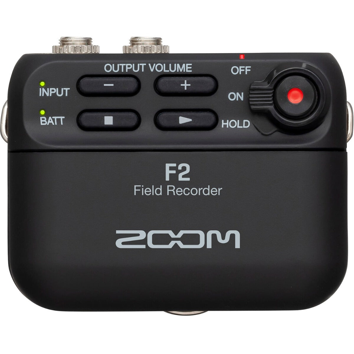 Zoom F2 digital recorder with compact design and multiple control buttons, used for high-quality audio recording.