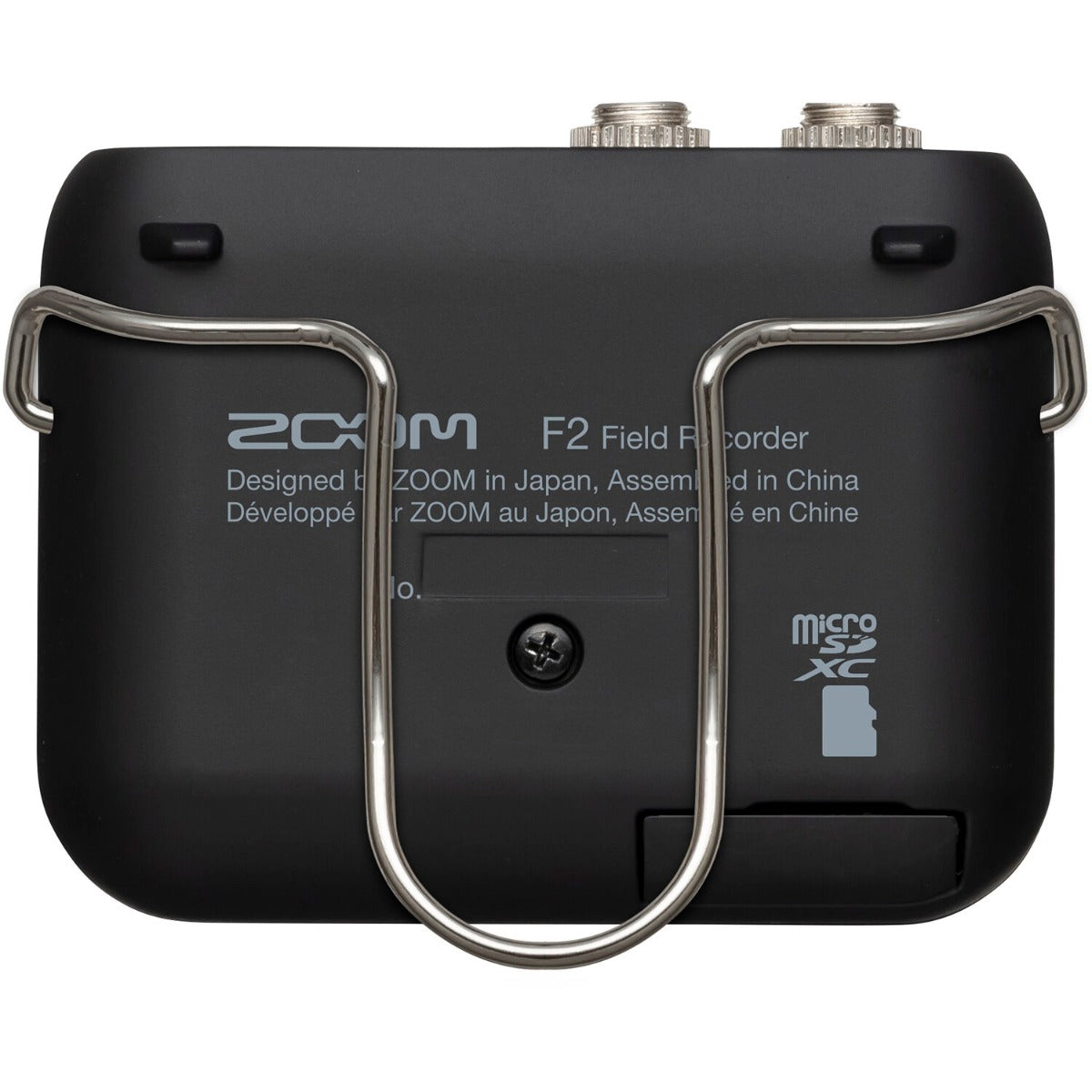 Zoom F2 digital recorder with compact design, featuring multiple input options and a built-in microphone for professional audio recording.