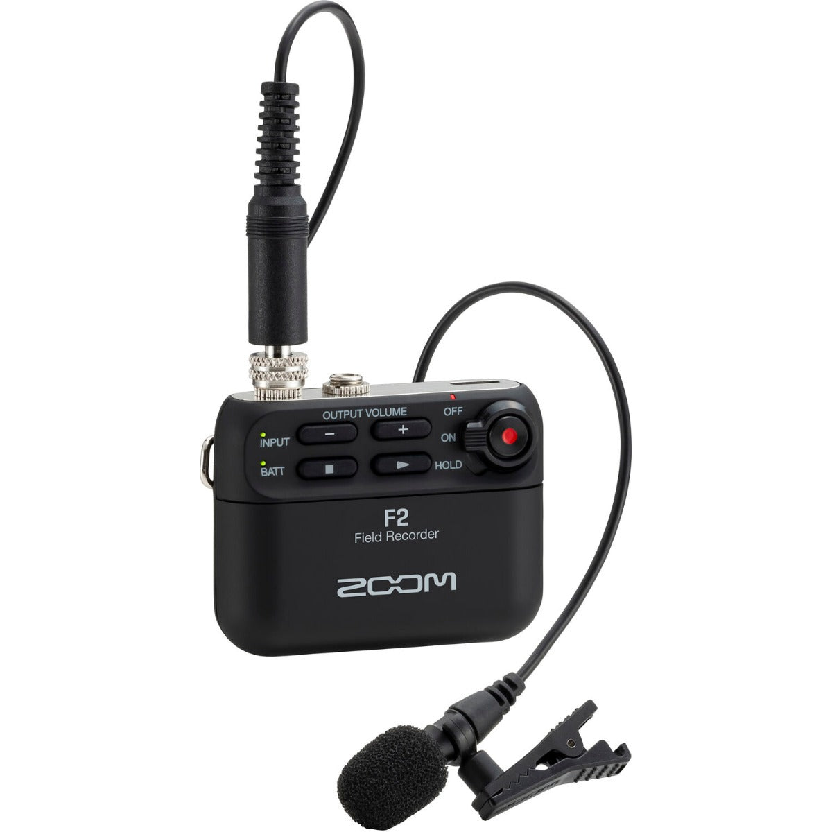 Zoom F2 digital recorder with compact design, multiple input ports, and professional audio recording features.