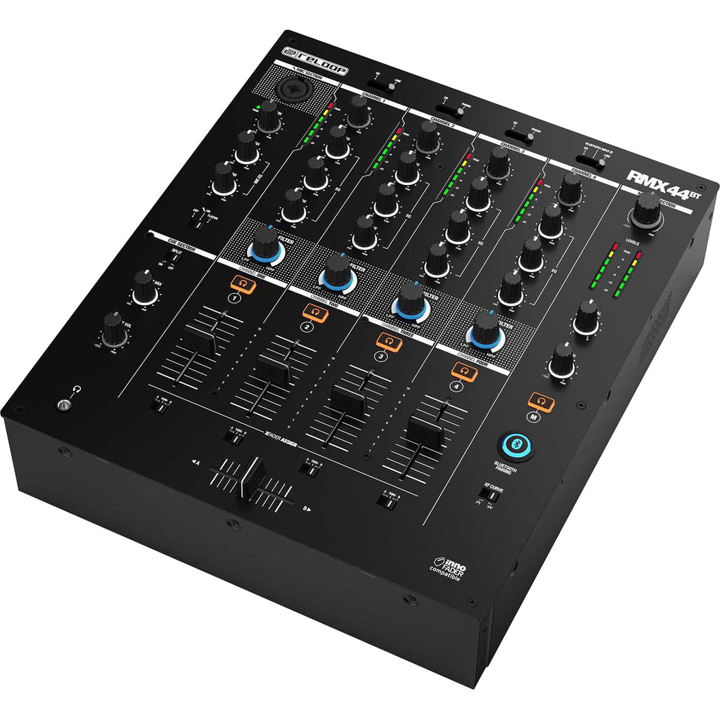 Reloop RMX-44 BT DJ mixer with four channels and sleek design, featuring controls and connections for professional use.