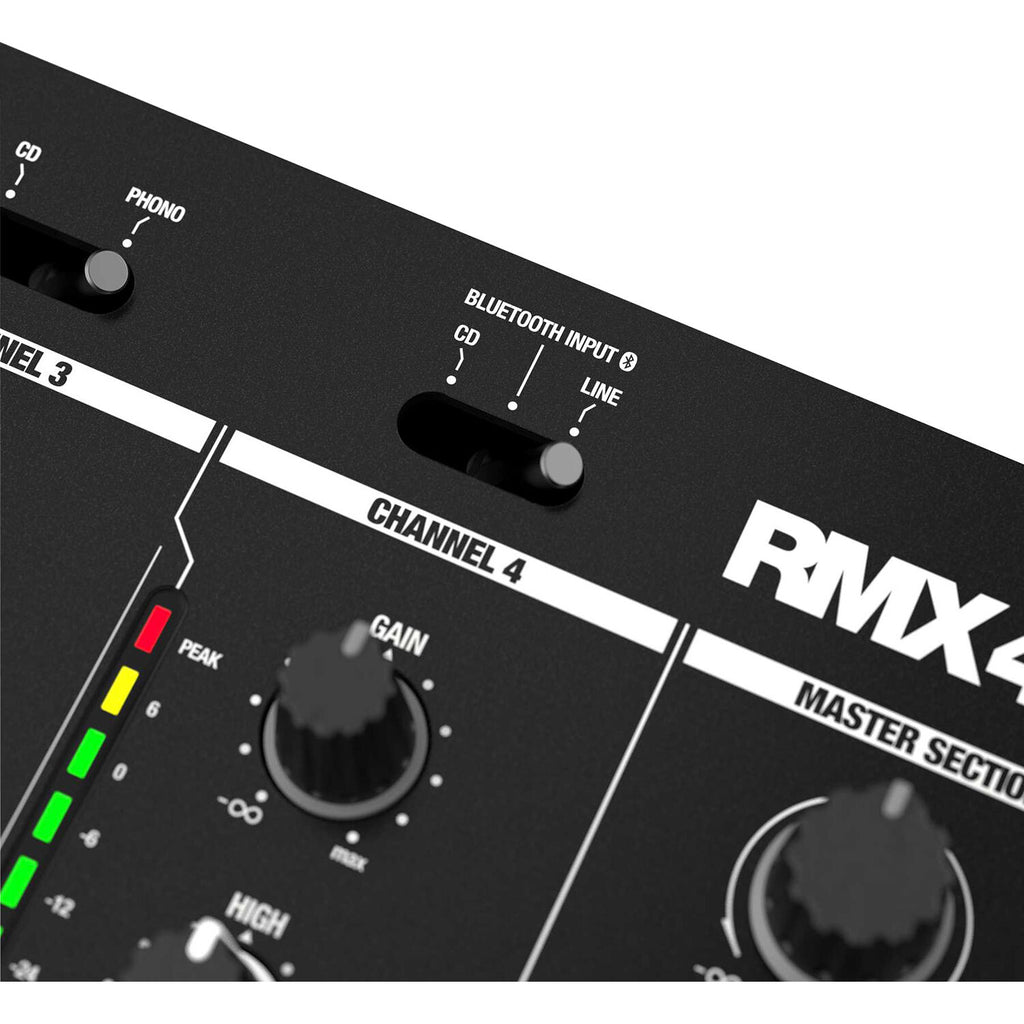 Reloop RMX-44 BT DJ mixer showcasing four channels and Bluetooth connectivity in a sleek design.