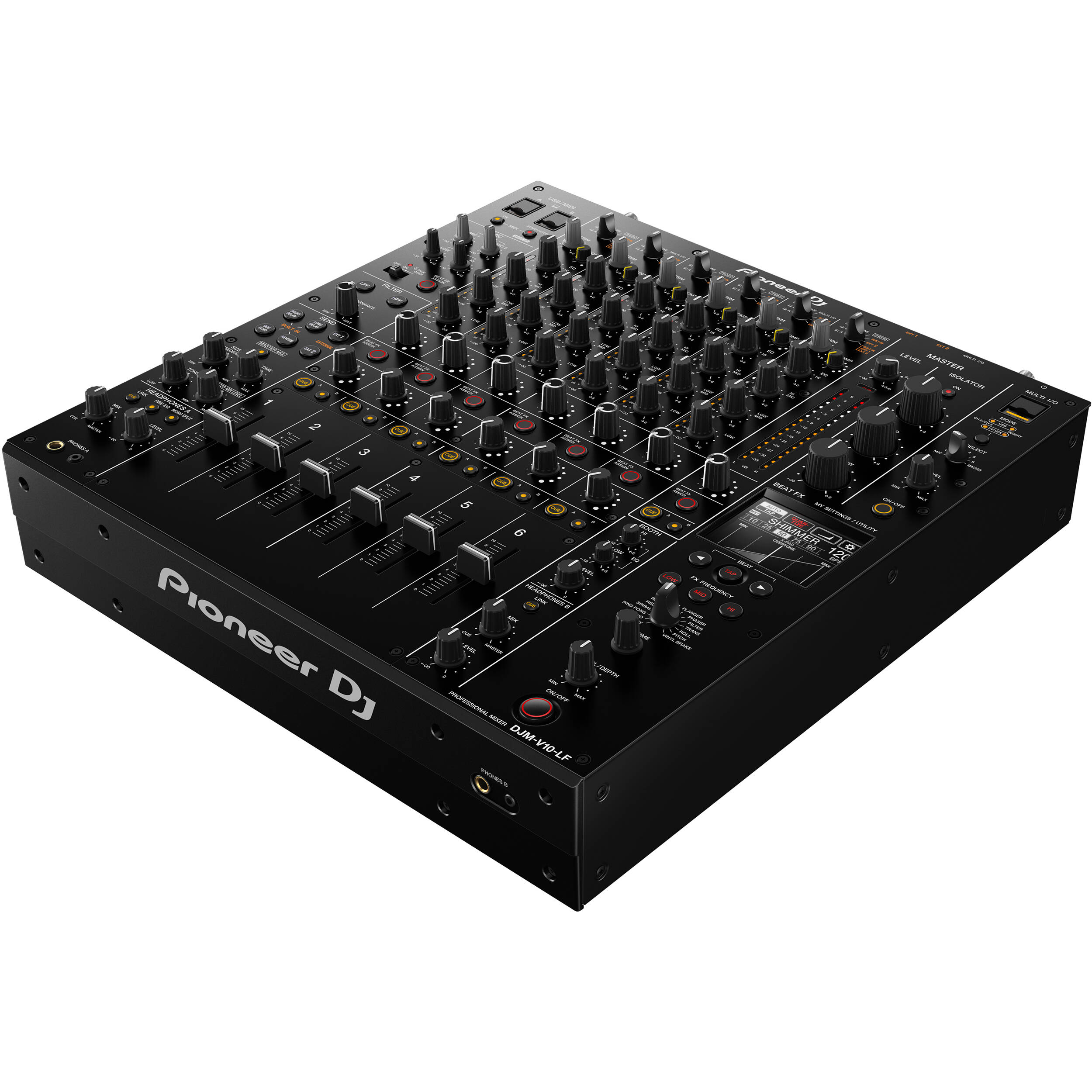 Pioneer DJ DJM-V10-LF professional DJ mixer with multiple channels and large touch screens, black color, detailed control knobs.