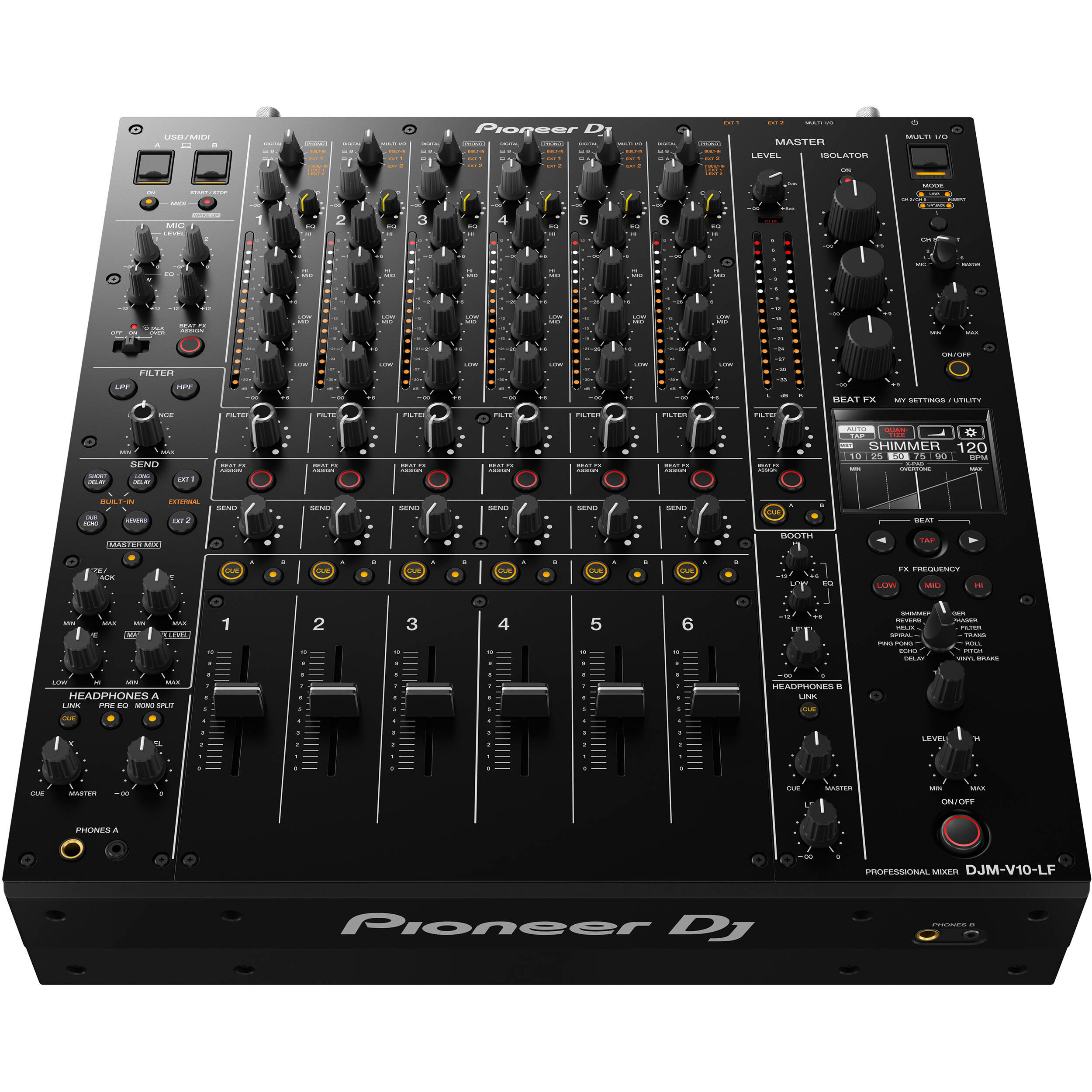 Pioneer DJ DJM-V10-LF professional DJ mixer with multiple channels, knobs, and sliders for live mixing and sound control.