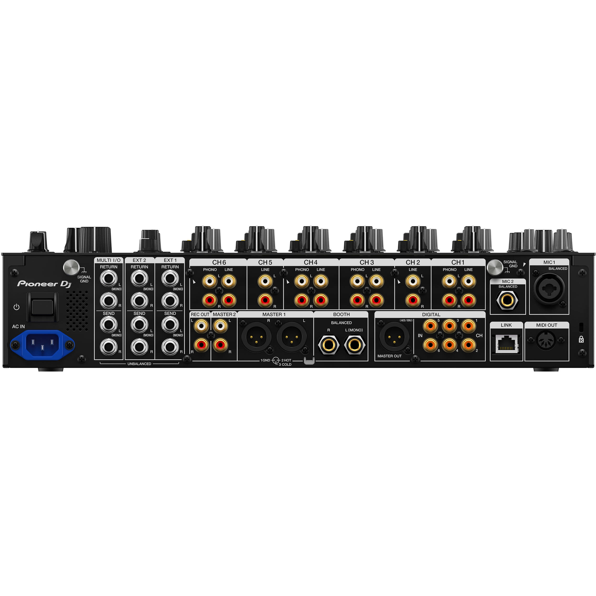Pioneer DJM-V10-LF DJ mixer with multiple channels, colorful LED meters, and professional controls for DJ performances.