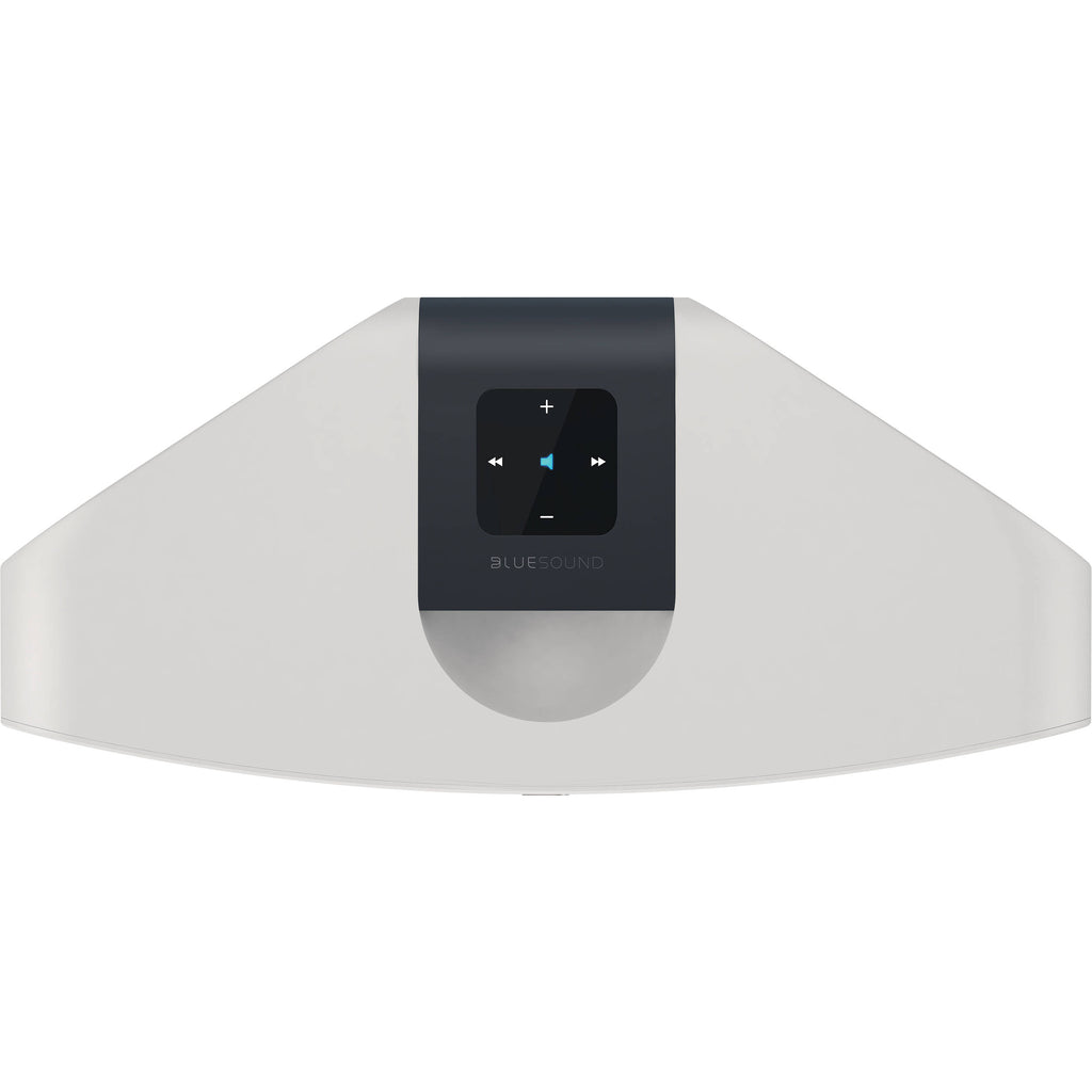Bluesound Pulse 2i wireless speaker with sleek design and control buttons on top, black finish, and audio ports on the back.