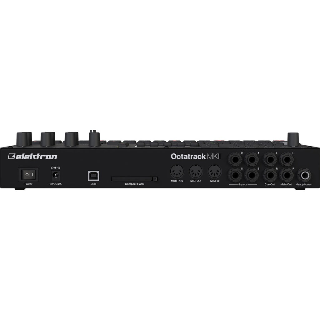 Elektron Octatrack MK2 black drum machine and sampler with touchscreen and control knobs, used for music production.