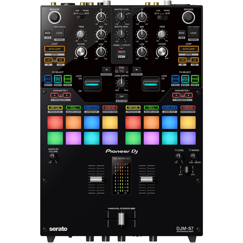 Pioneer DJM-S7 DJ mixer with dual channel faders and colorful performance pads, ideal for live DJ sets.
