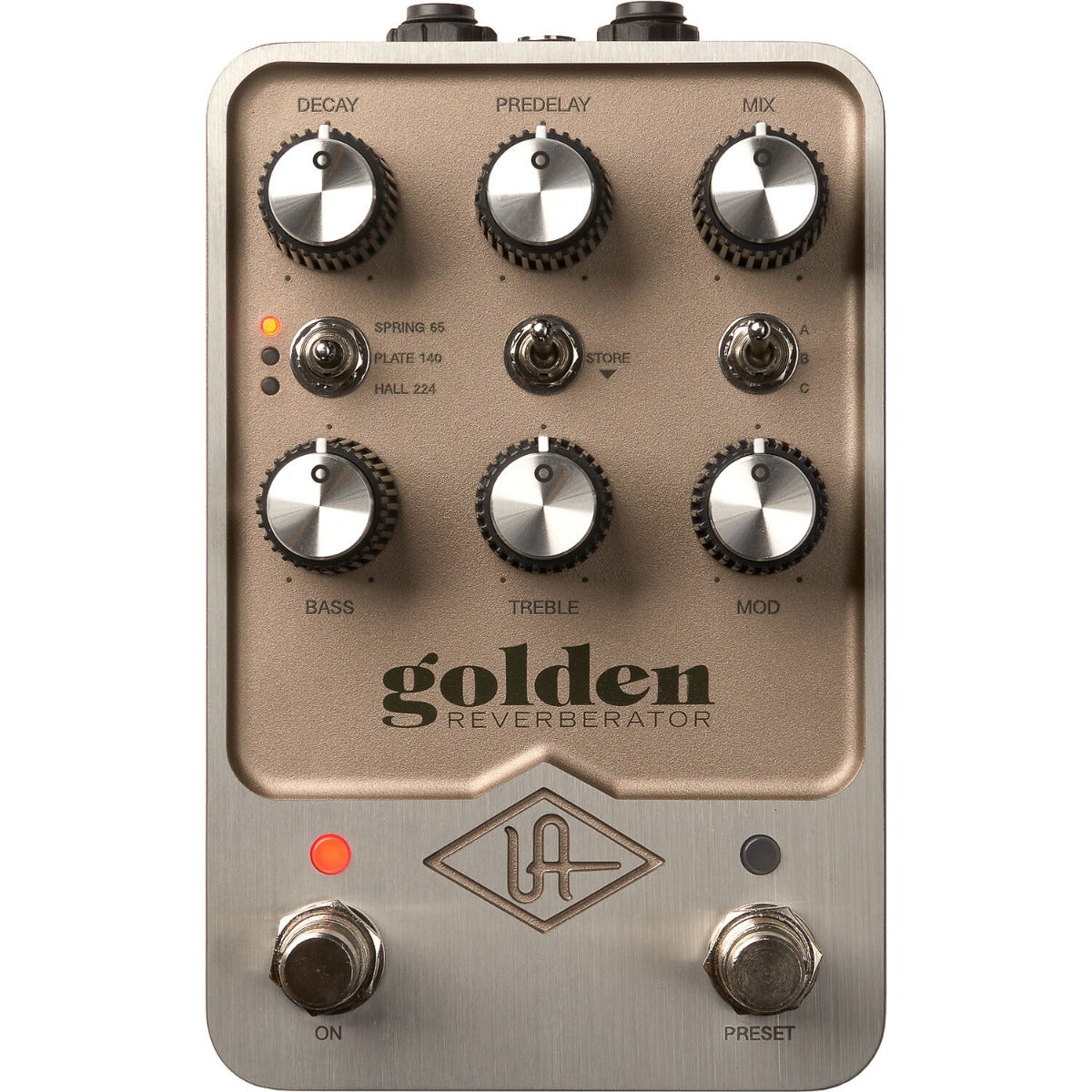 Universal Audio UAFX Golden Reverberator effects pedal showcasing a sleek design with knobs and inputs for sound modulation.