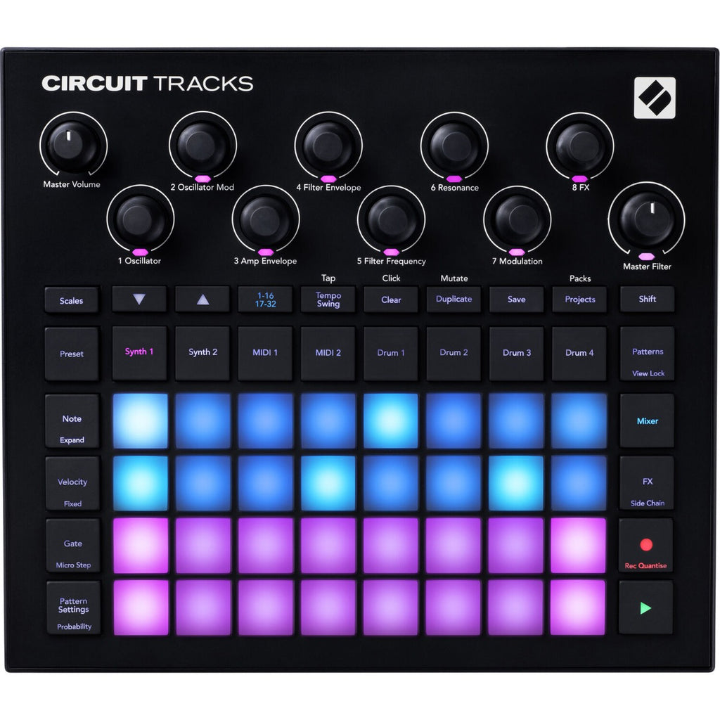 Novation Circuit Tracks sequencer with colorful pads and knobs for music production, displayed on a dark background.