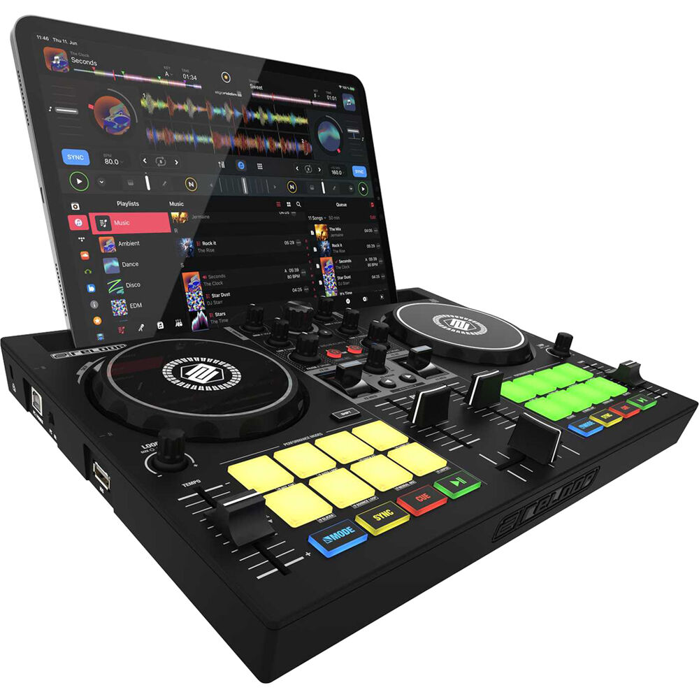 Reloop Buddy DJ controller featuring compact design, jog wheels, and intuitive layout for seamless mixing and performance.
