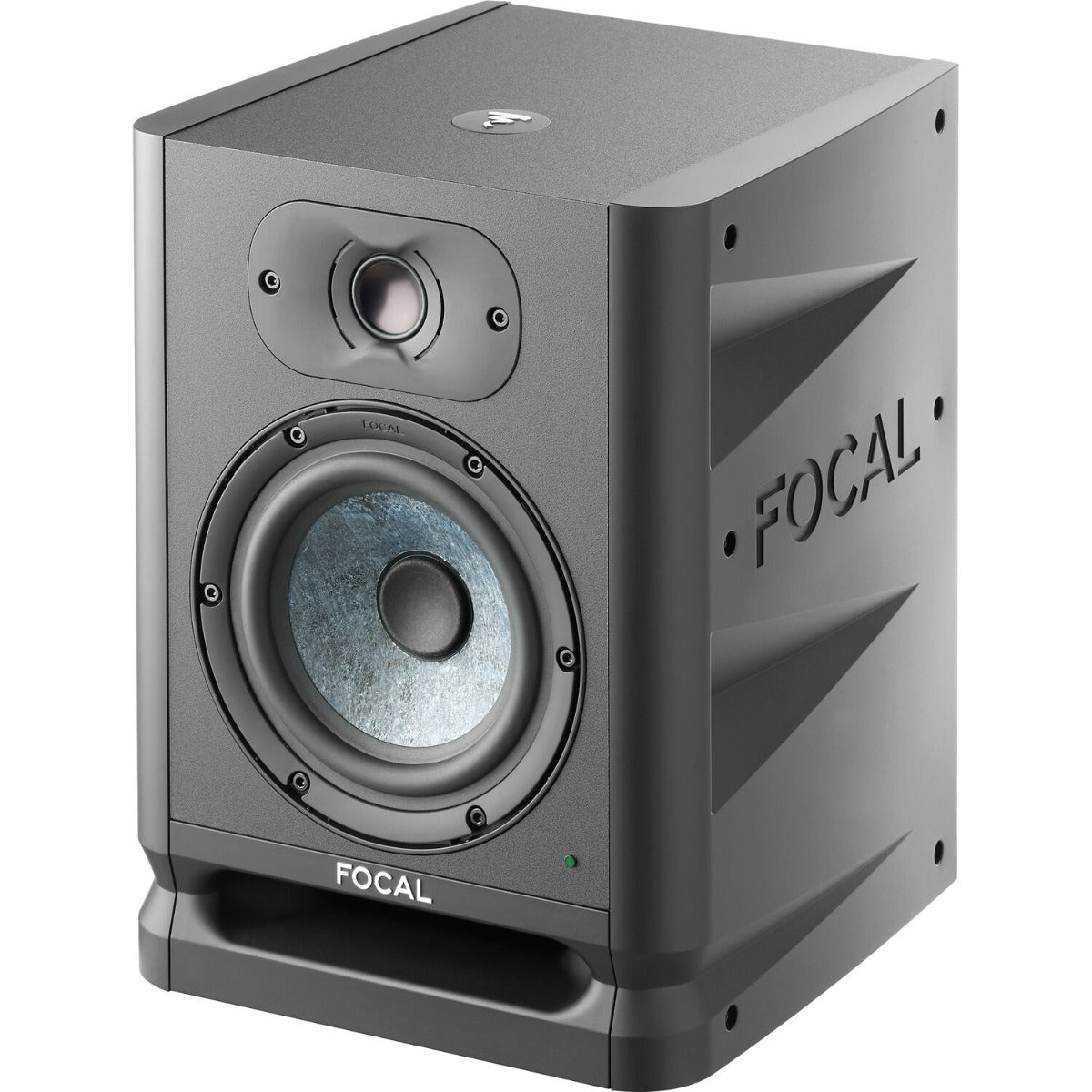 Focal Alpha 50 Evo active nearfield monitors shown with black speaker enclosures and control knobs on the front panel.