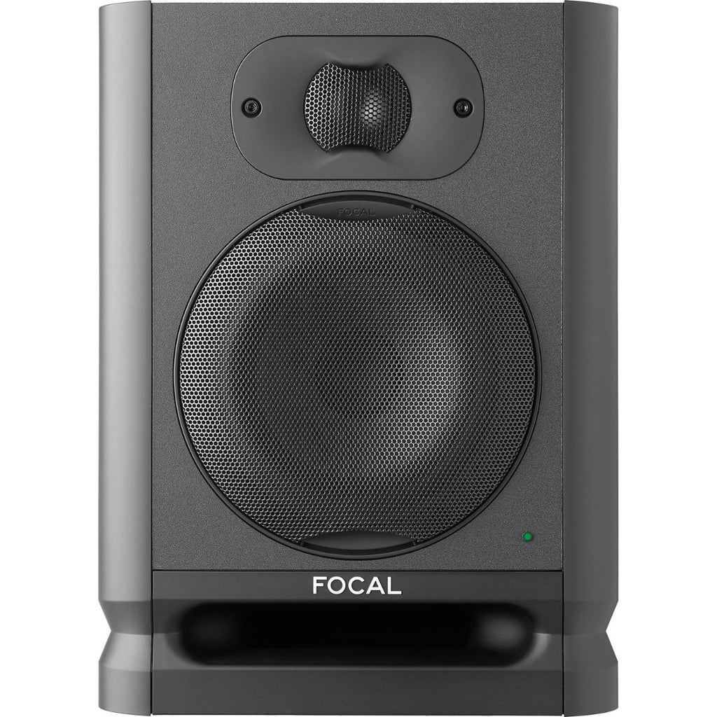 Focal Alpha 50 Evo active nearfield monitor speaker shown from front view, with black enclosure and control panel.