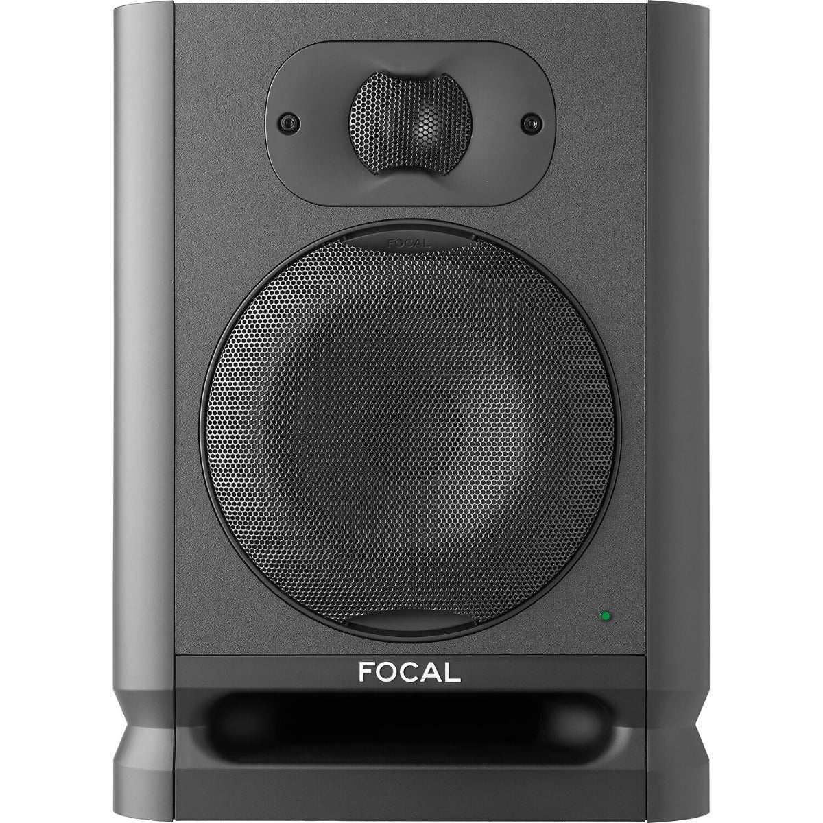 Focal Alpha 50 Evo active nearfield monitor speaker shown from front view, with black enclosure and control panel.