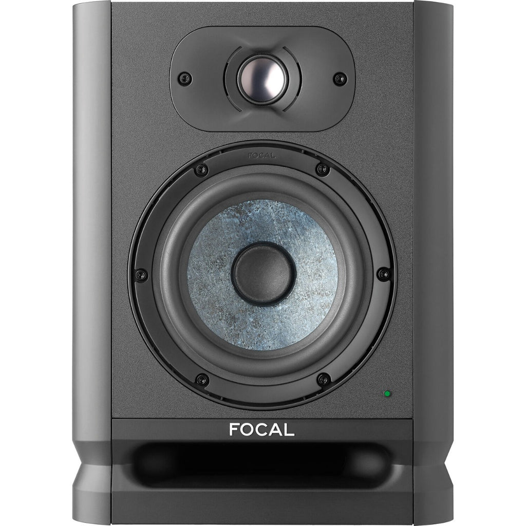 Focal Alpha 50 Evo active nearfield monitor speaker with sleek black finish and front-facing controls, designed for professional audio.
